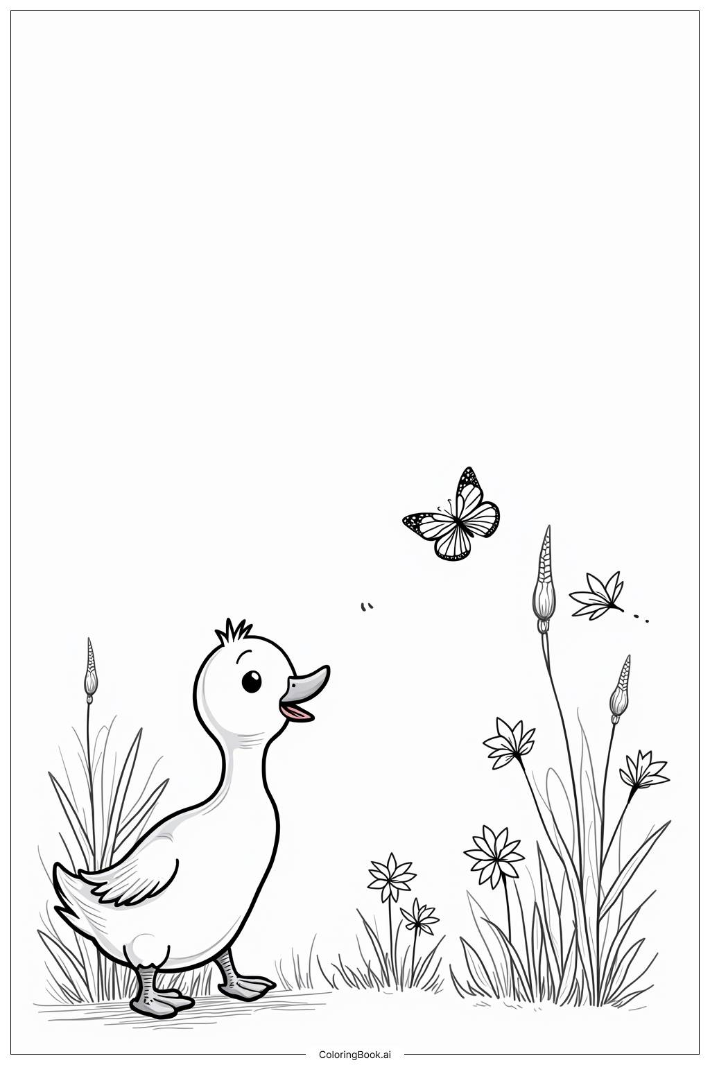  A duck searching for butterflies in spring flowers Coloring Page 