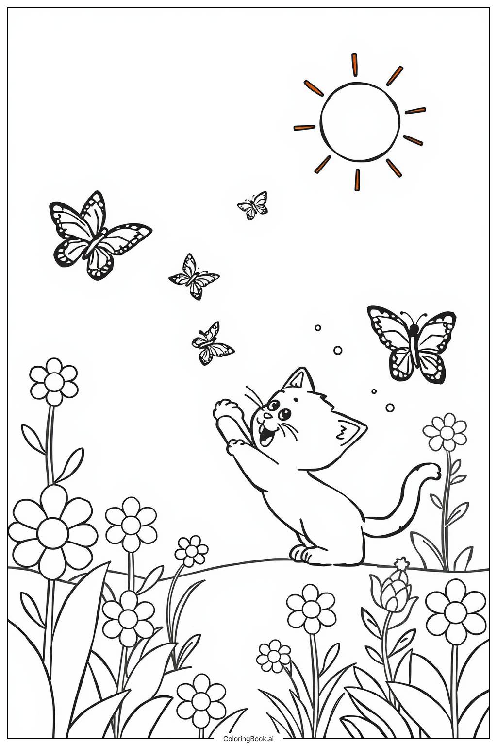  Página para colorear de Kitten persiguiendo mariposas en un jardín 