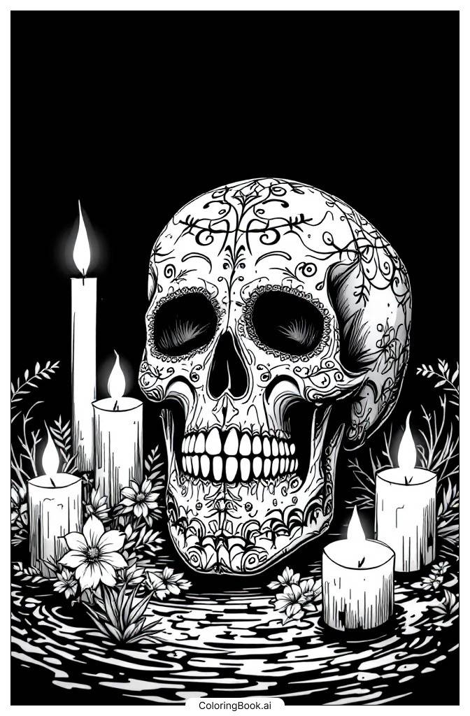  Página para colorear de Una calavera de azúcar rodeada de velas brillantes 