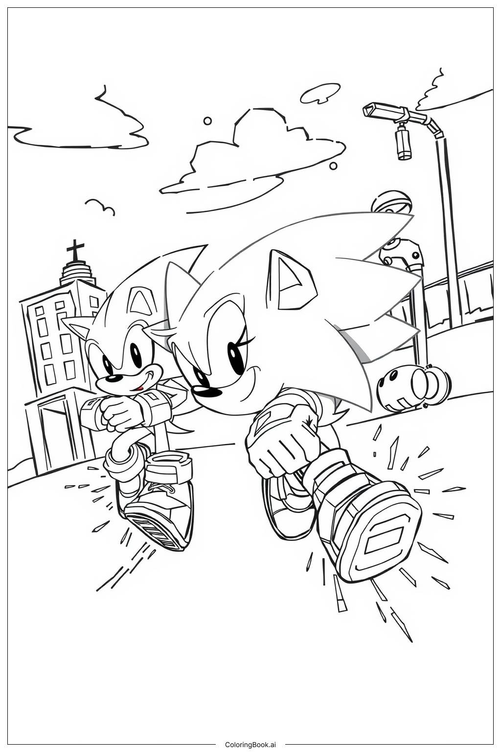  Página para colorir de metal sonic perseguindo sonic pela cidade 