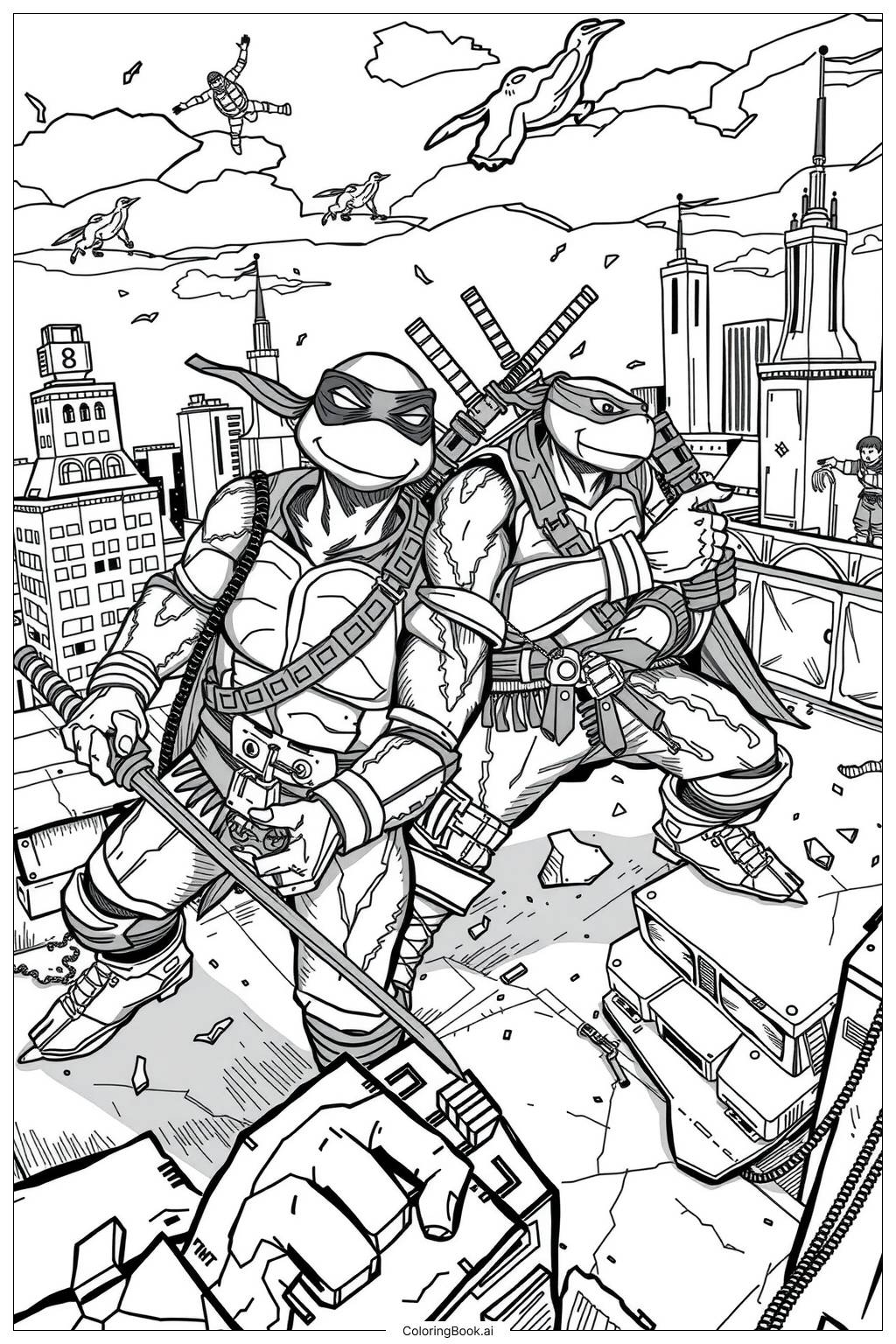  Page de coloriage les tortues ninja se battent ensemble contre des méchants 