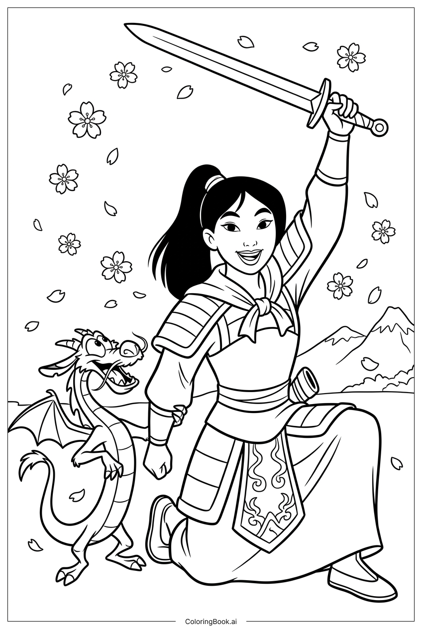  ディズニープリンセスと小さなドラゴンの特訓の塗り絵ページ 