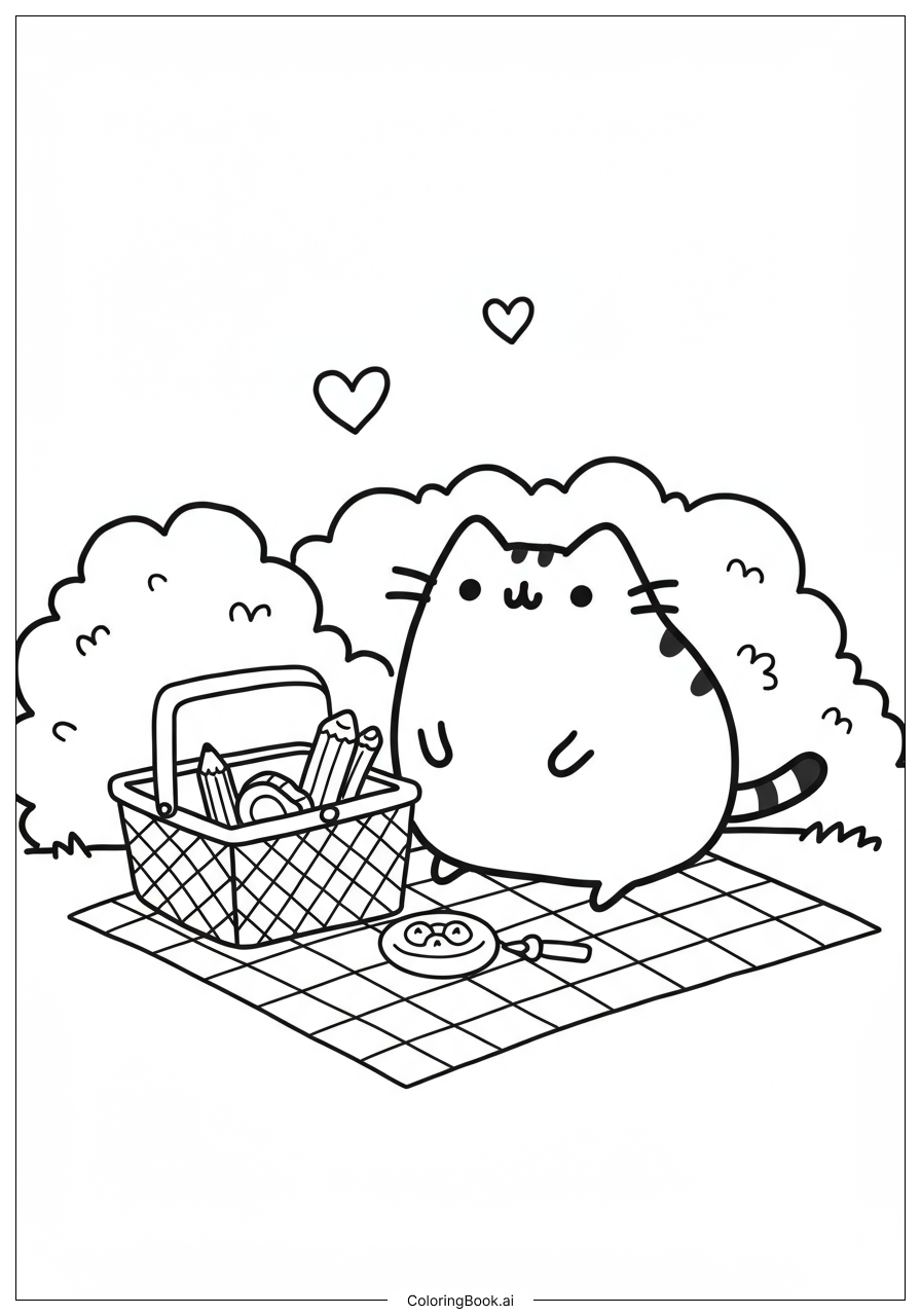  Pusheen Picnic Basket Scene Coloring Page 