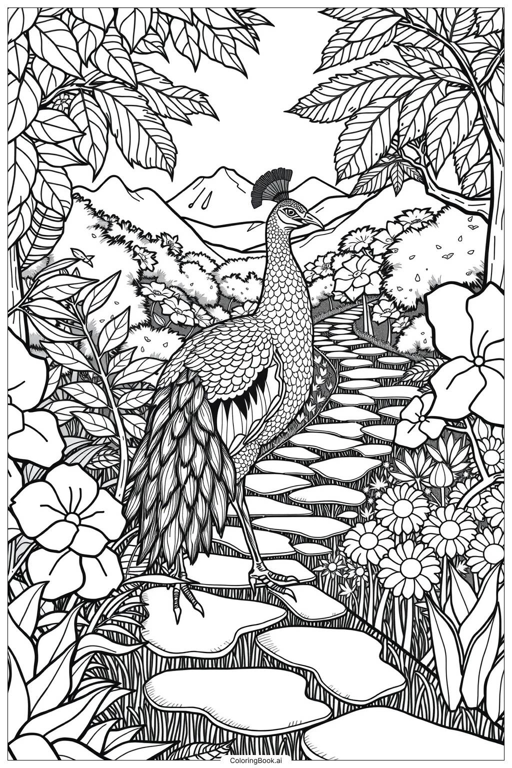  Page de coloriage paon marchant sur le sentier 