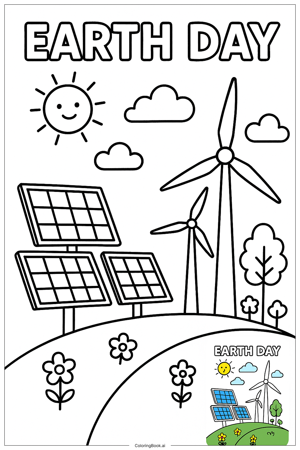  地球日太陽能板和風力發電機著色頁 