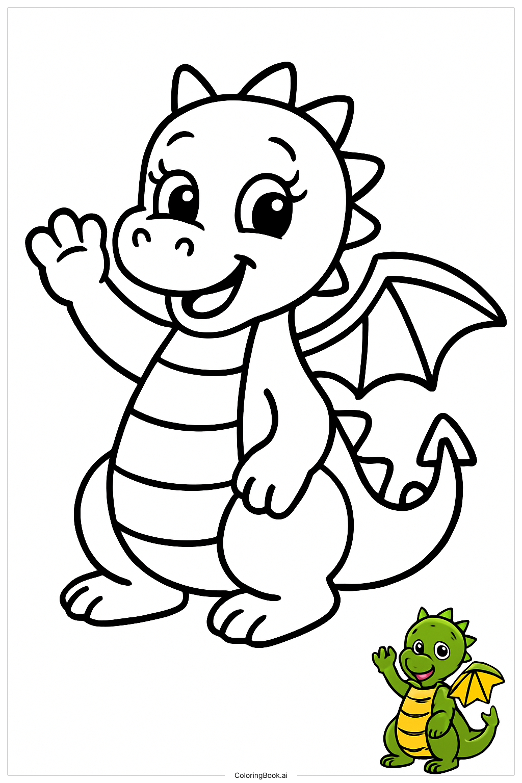  漫画のドラゴンがこんにちはと手を振っていますの塗り絵ページ 