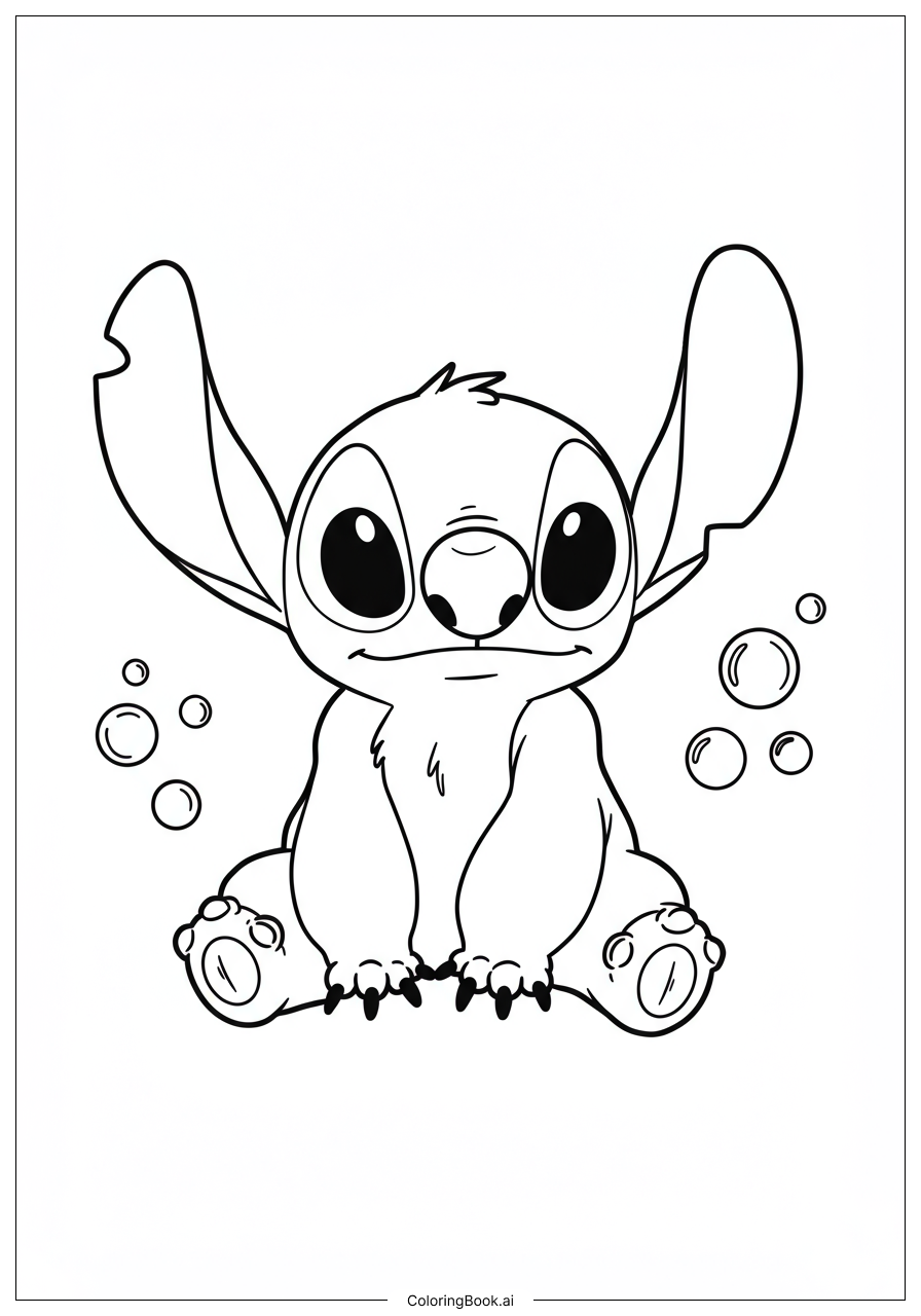  Página para colorear de Stitch jugando con burbujas 