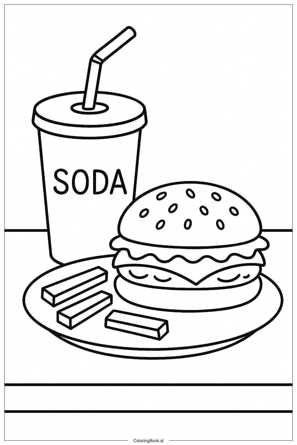  Page de coloriage Soda avec un hamburger 
