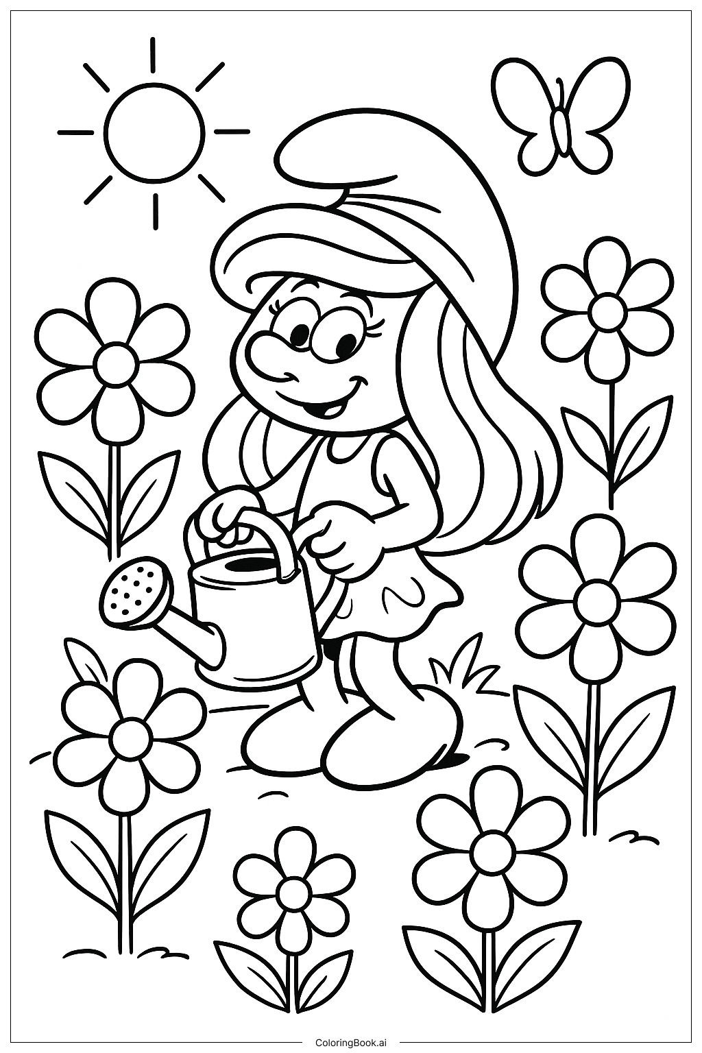  Smurfette In Her Flower Garden Coloring Page 