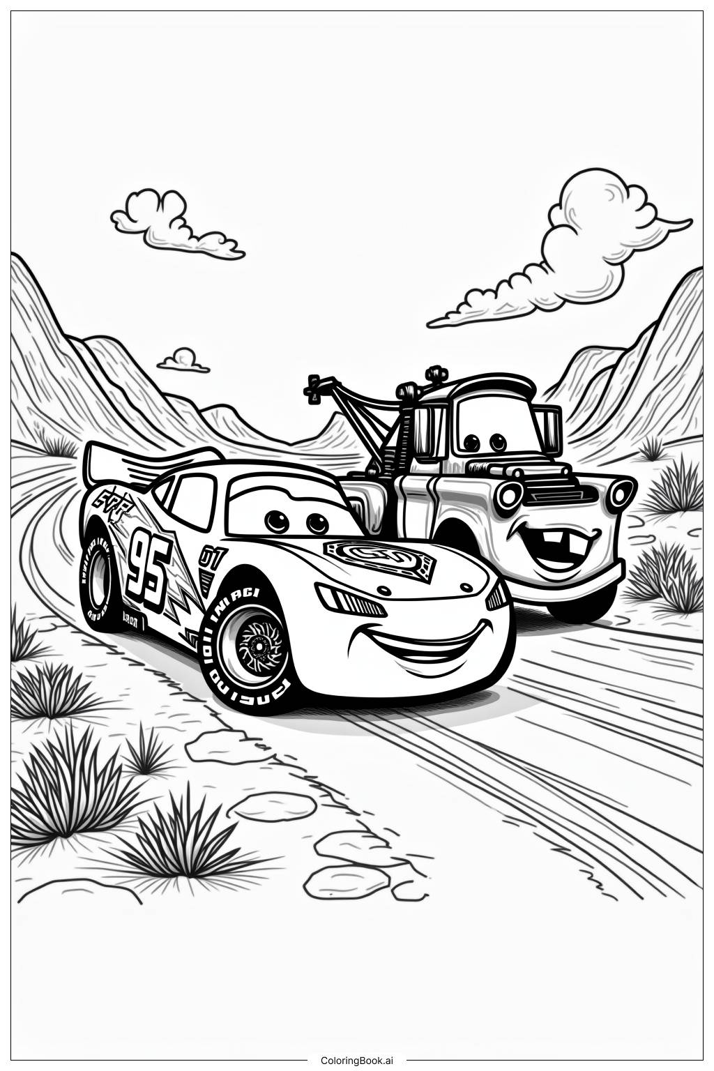  Page de coloriage Lightning McQueen Tire Tow Mater Hors de Problèmes 