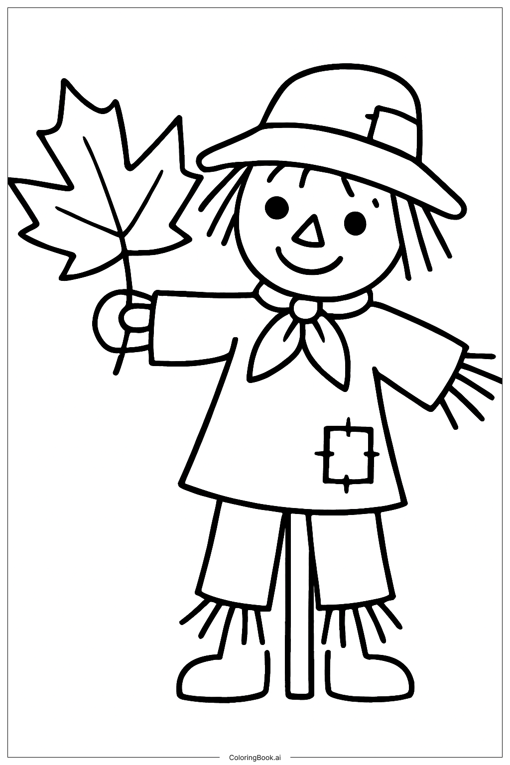 Scarecrow Holding One Autumn Leaf Coloring Page