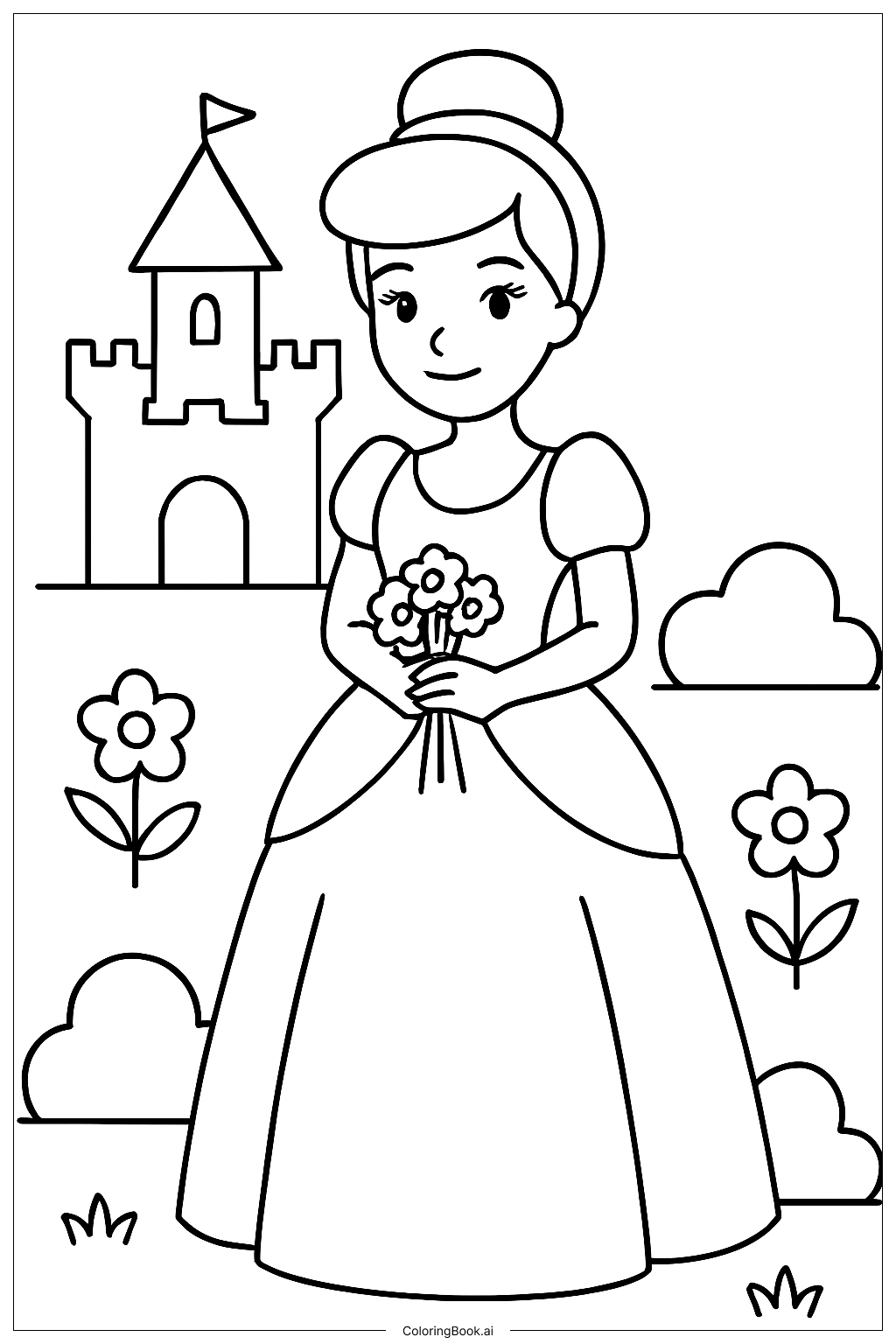  Página para colorear de Cenicienta de pie en el jardín del castillo 