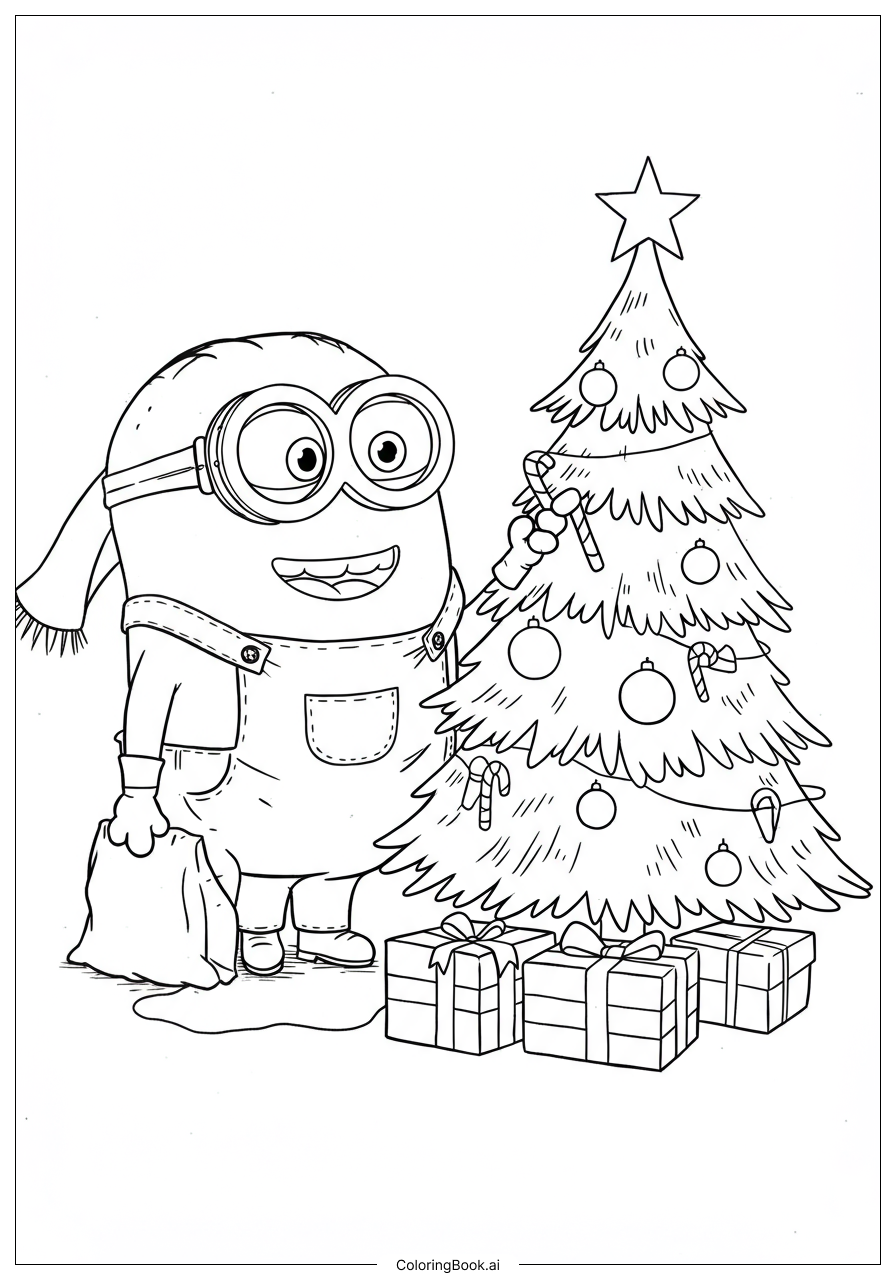  Página para colorear de Minion Decorando el Árbol de Navidad 