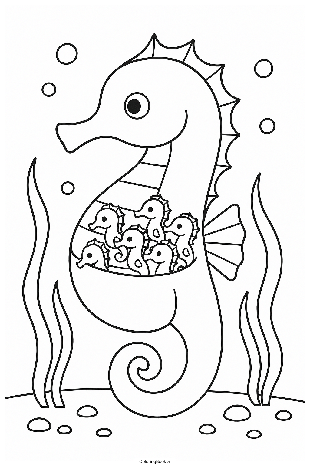 Página para colorear de Caballito de mar padre con crías en la bolsa