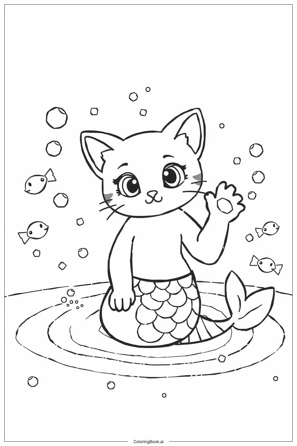  人魚の子猫の友達の塗り絵ページ 