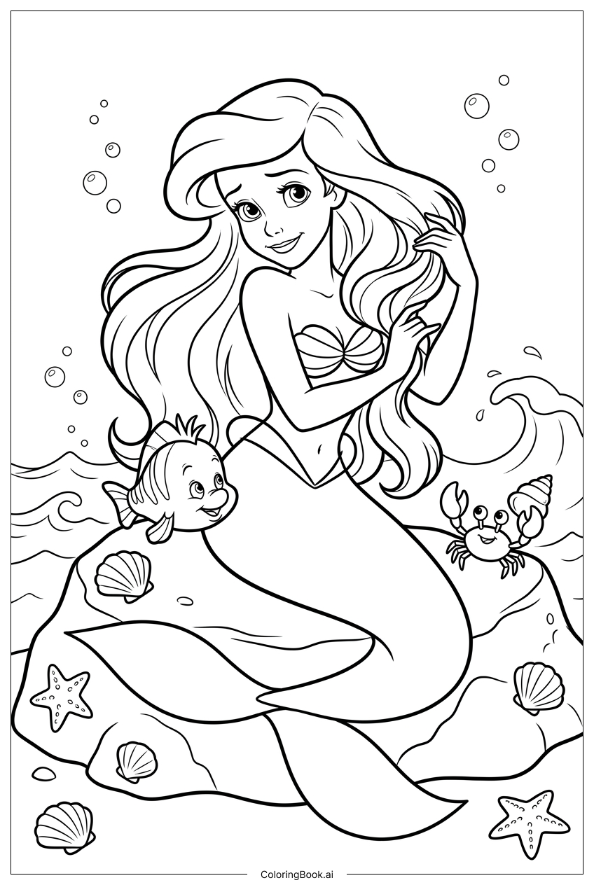  海辺の岩の上で髪をとかすディズニープリンセスの塗り絵ページ 