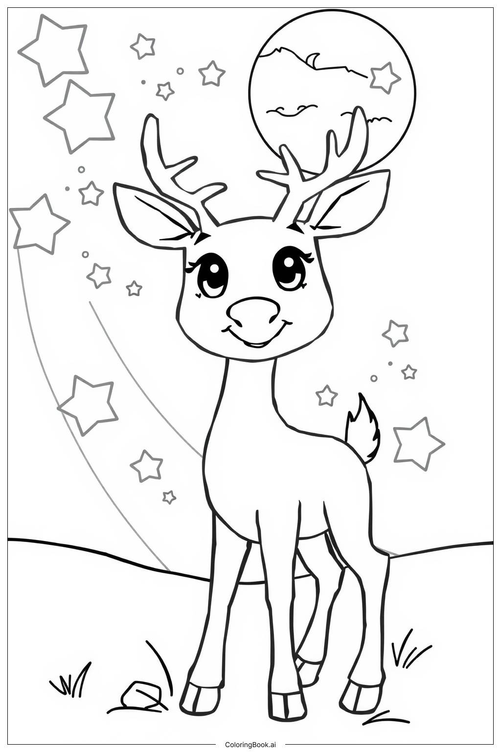  Page de coloriage Cerf sous la lumière des étoiles 