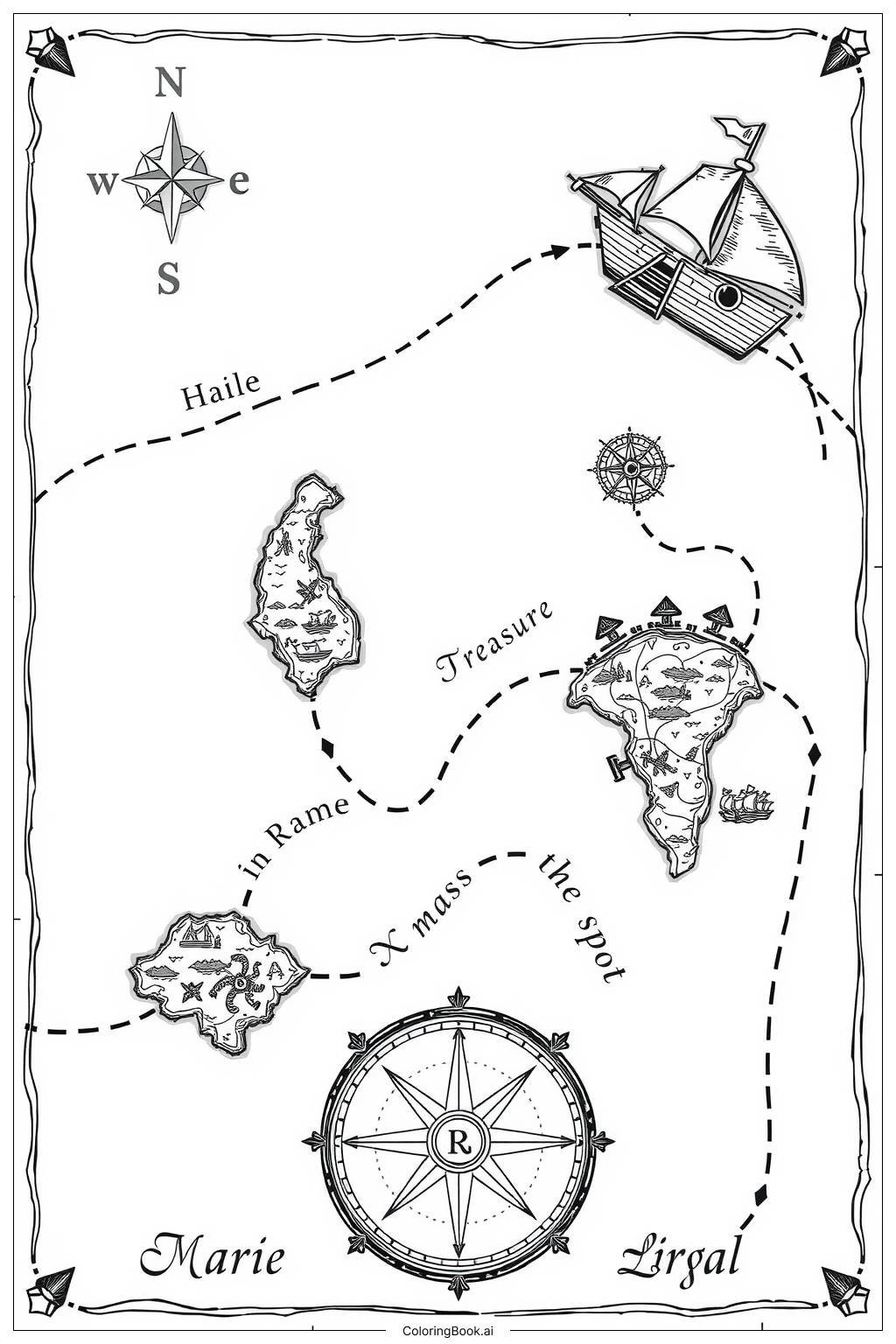  Intricate Pirate Treasure Map with Islands Coloring Page 