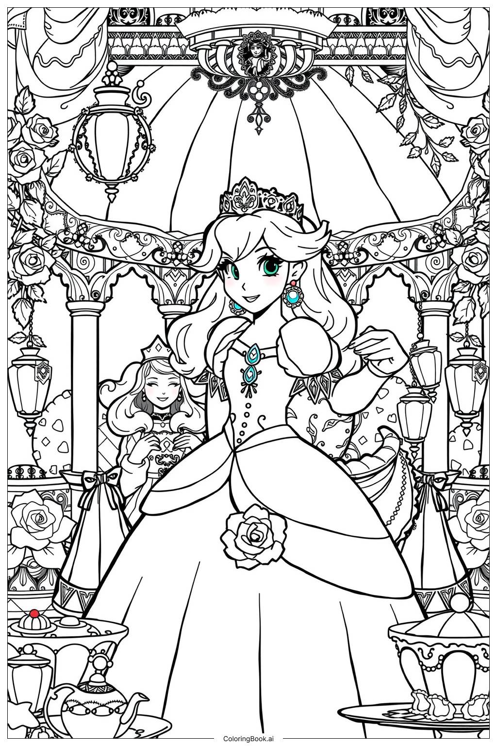  Princess Peach having a tea party with friends Coloring Page 