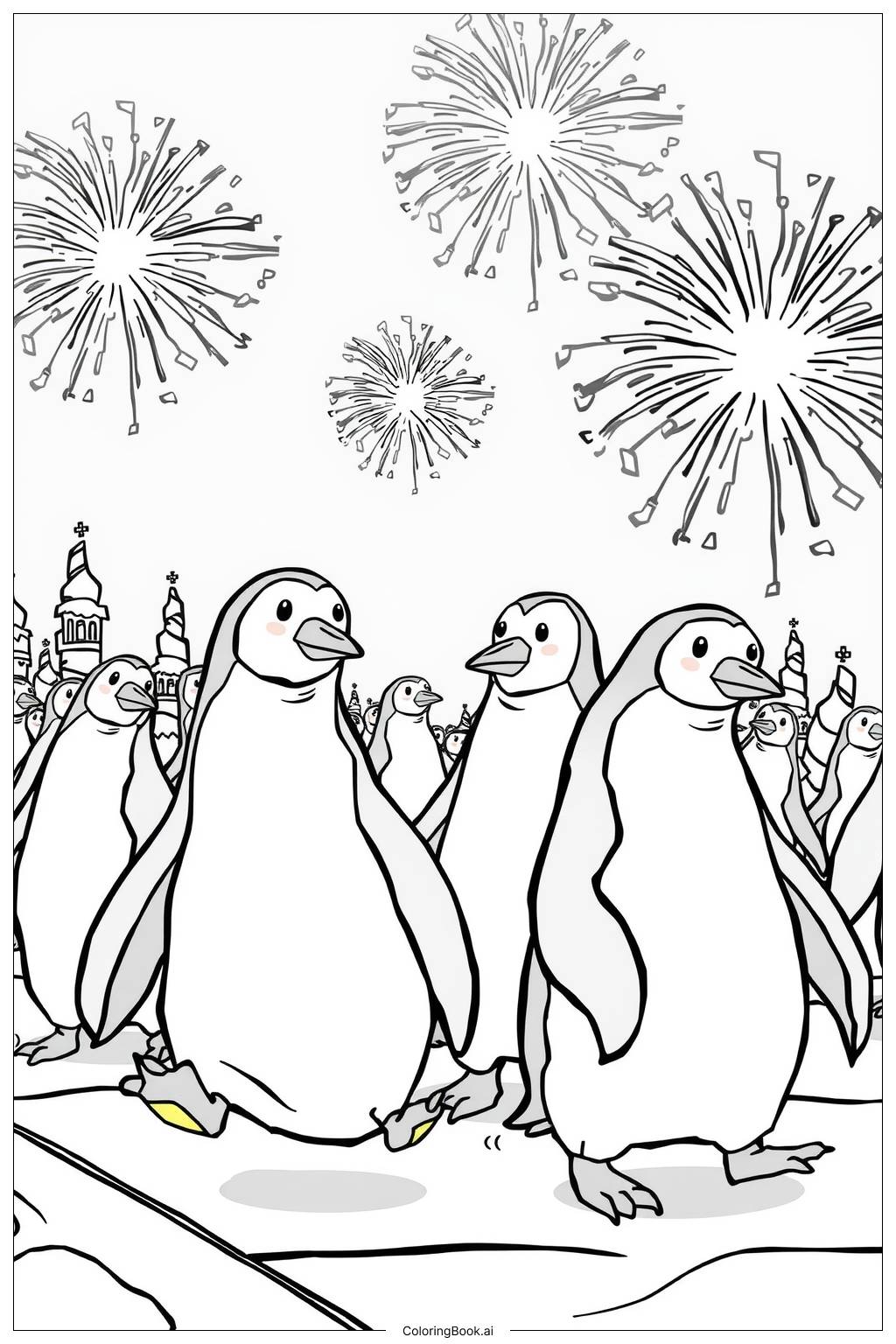  Fireworks Over a Penguin Parade Coloring Page 