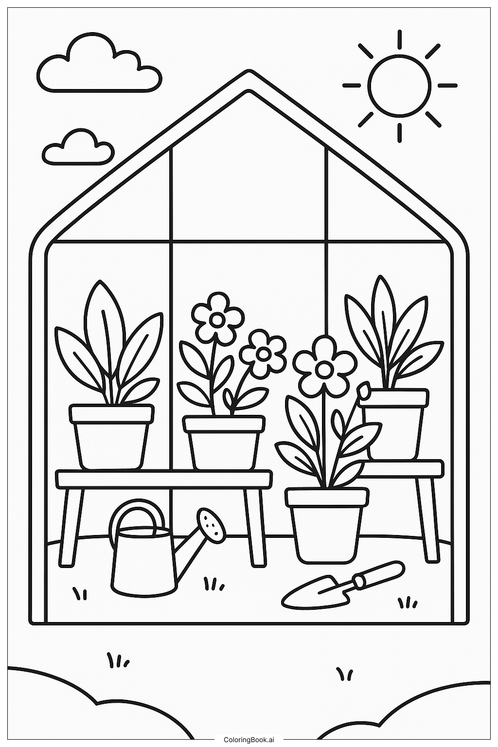  Página para colorir de Uma Estufa Cheia de Plantas de Jardim 