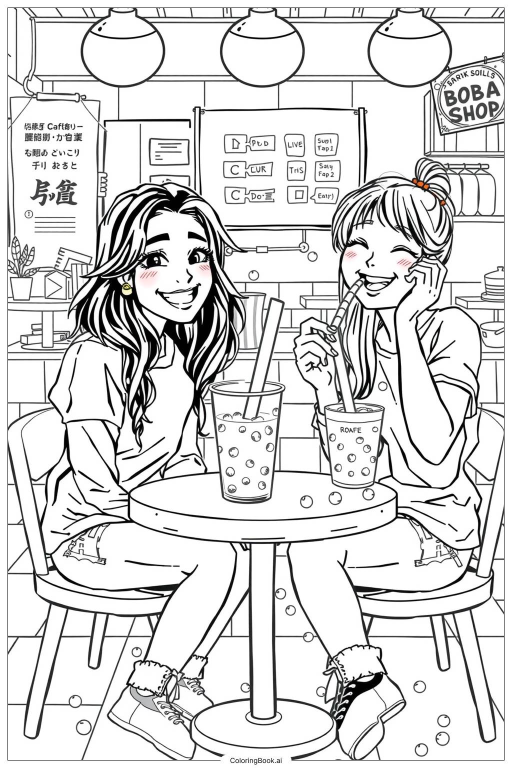  Friends at Boba Shop-2 Coloring Page 