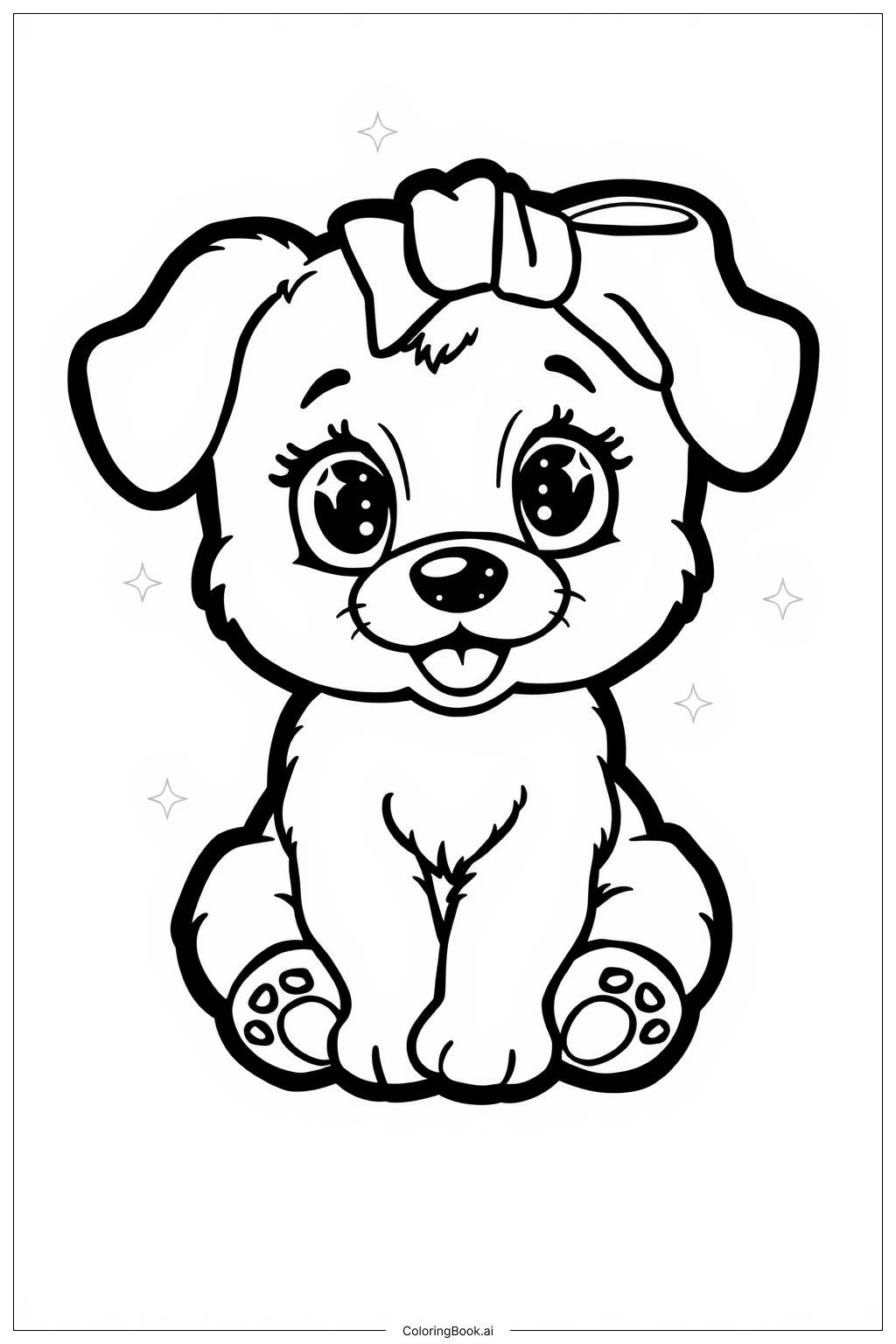  Page de coloriage Chiot Kawaii avec un Nœud 