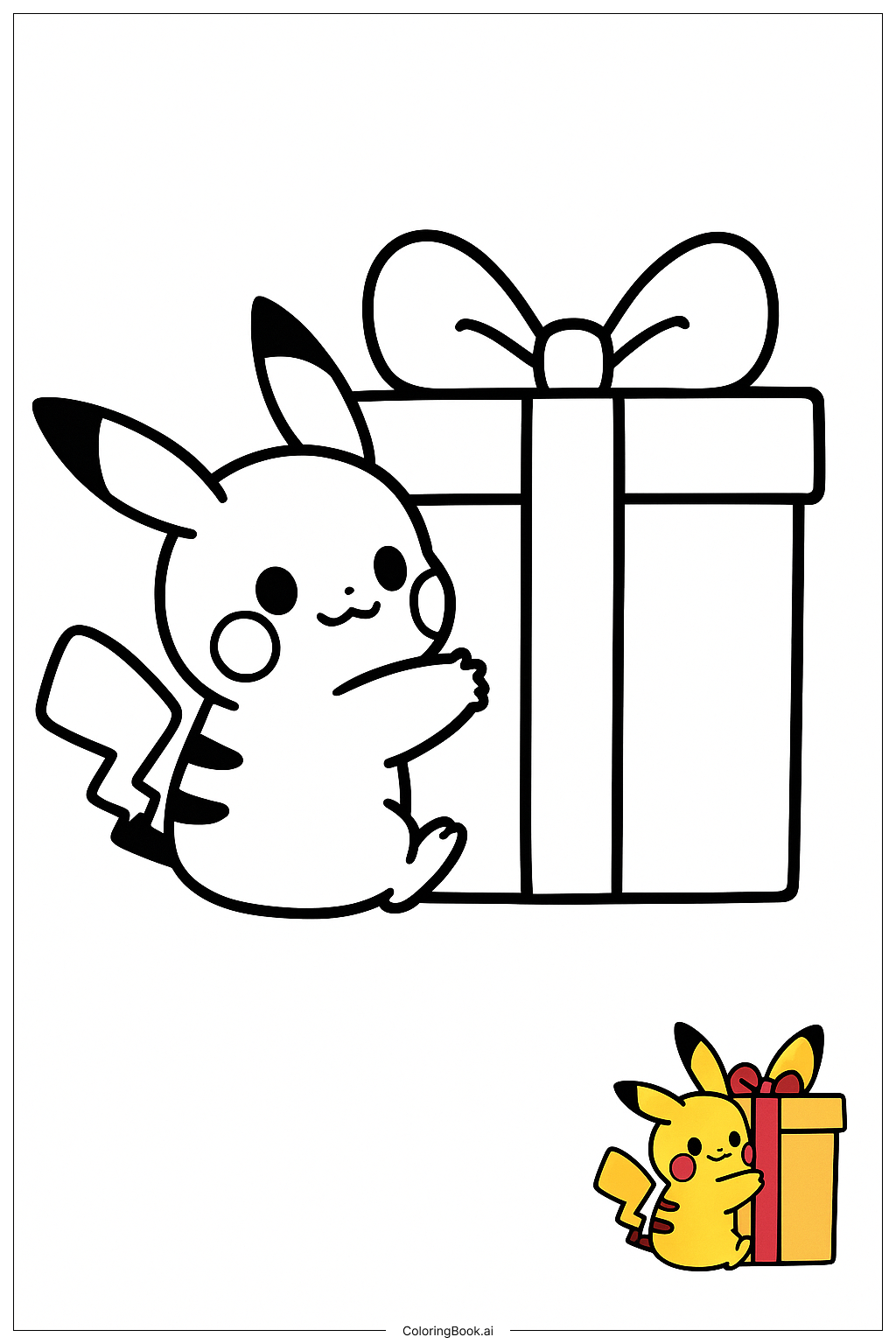  Página para colorear de Pikachu Abrazando Un Gran Regalo 
