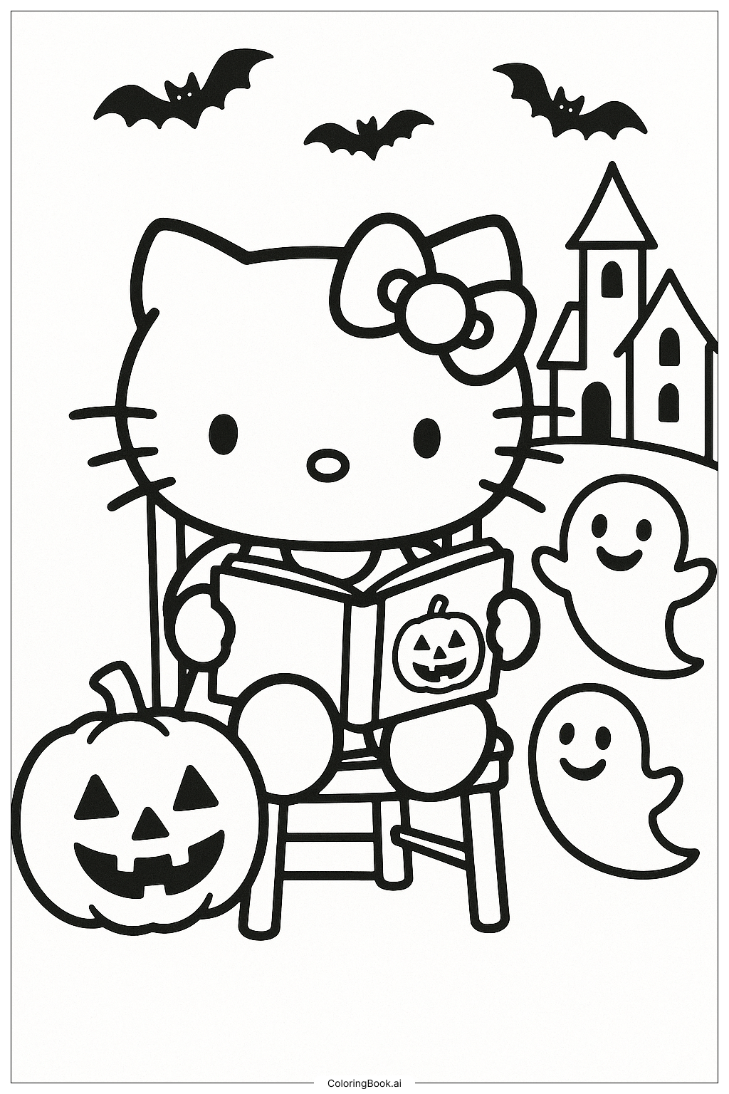 Trang tô màu Hello Kitty đọc một câu chuyện ma quái