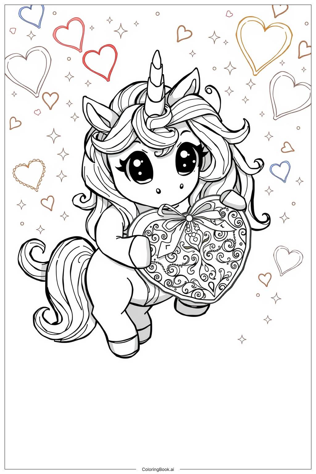  Page de coloriage mignon licorne kawaii tenant un cœur 