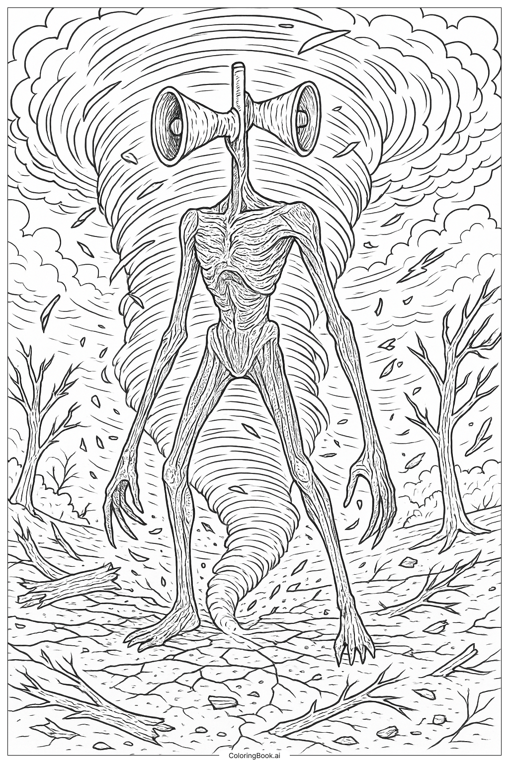  Page de coloriage Siren Head Au Centre D'une Tornade 