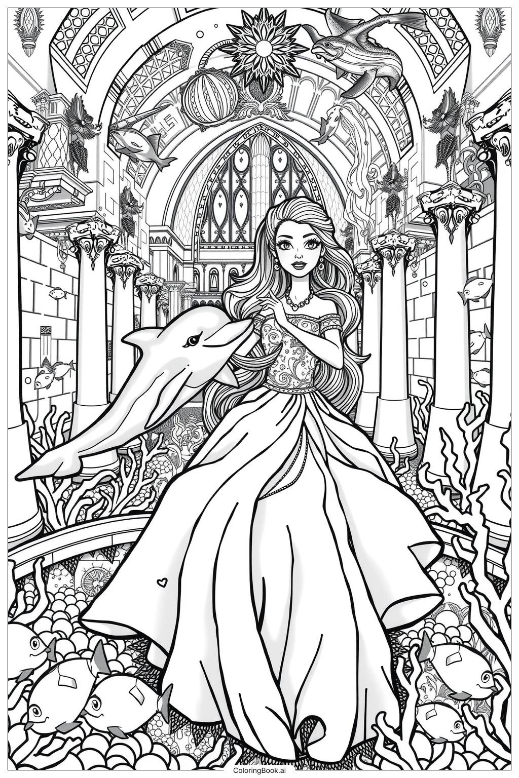  Page de coloriage Barbie avec Dauphin dans l'Océan Magique 