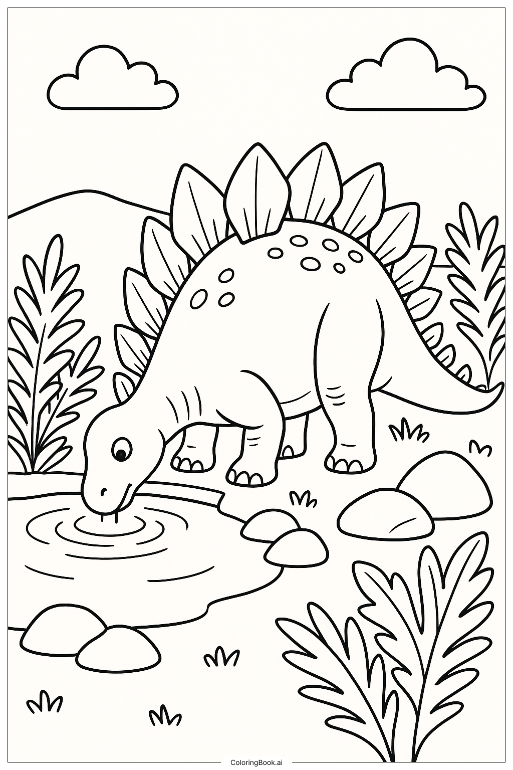 Stegosaurus, der aus einem Teich trinkt Ausmalseite