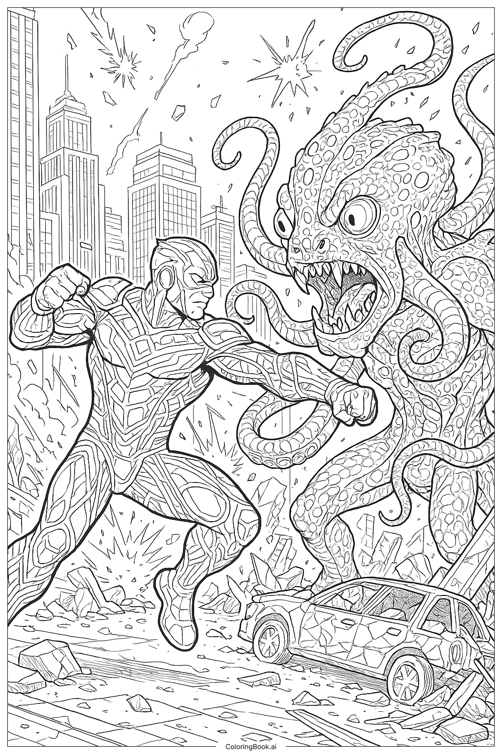 Superheld kämpft gegen einen außerirdischen Eindringling Ausmalseite