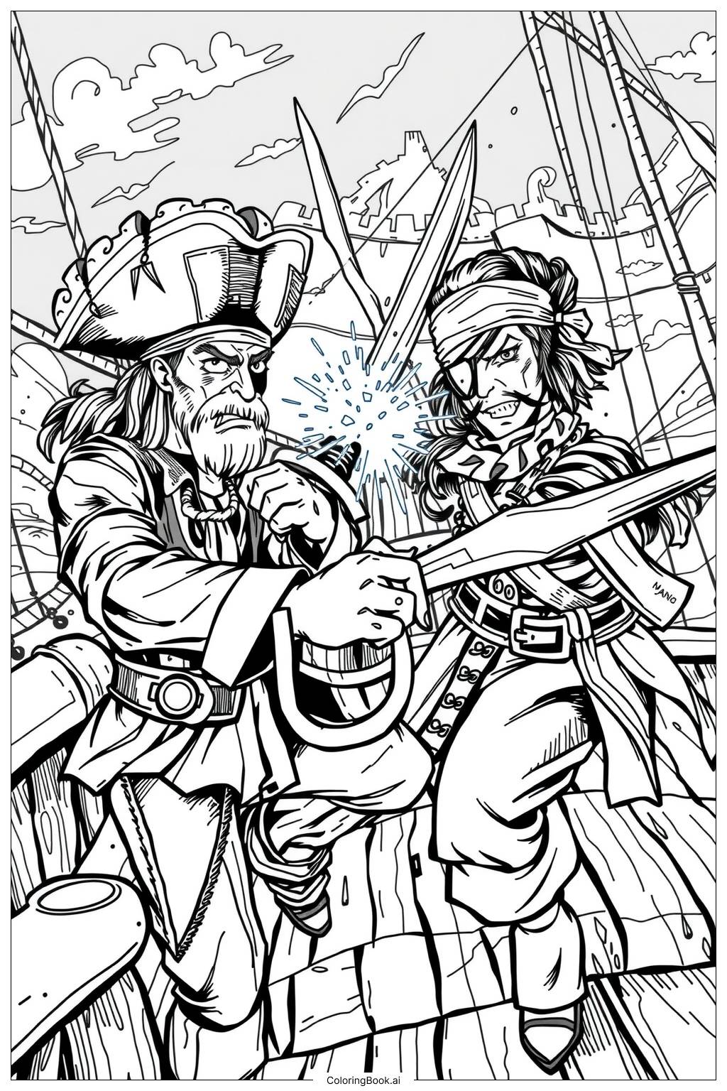  Pirate Sword Fight on Ship Deck Coloring Page 