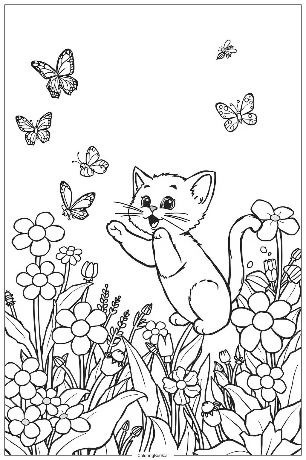  Page de coloriage Chaton courant après des papillons dans un jardin 