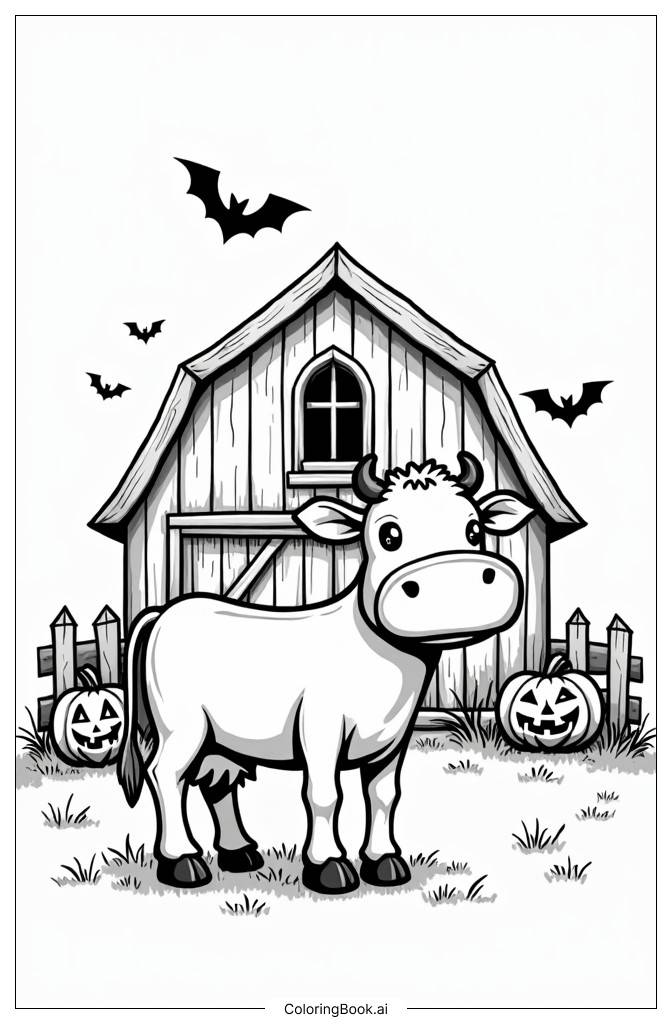  Cow posing in front of Halloween decorated barn Coloring Page 