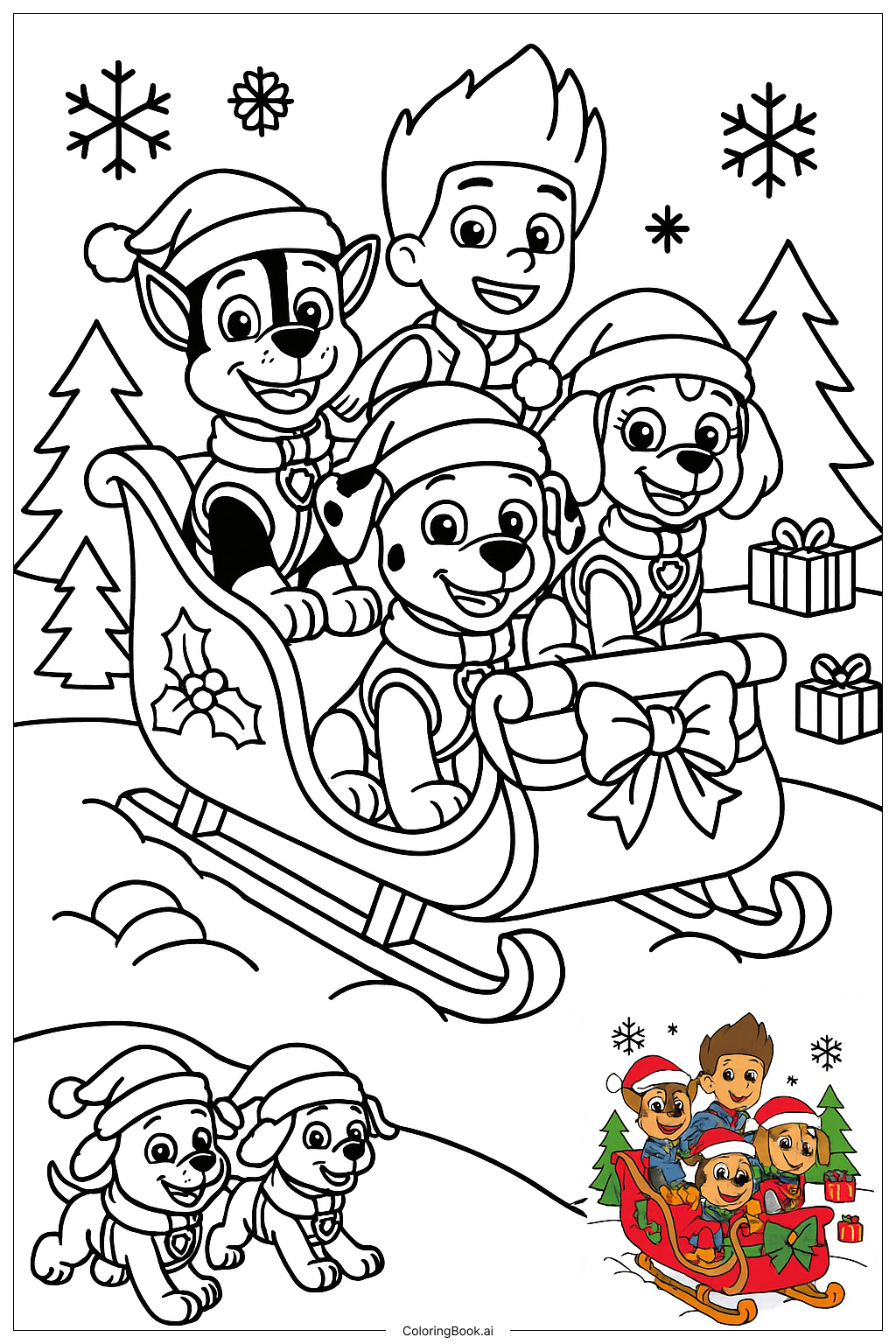  Página para colorir de Passeio de Trenó do Natal da Patrulha Canina 