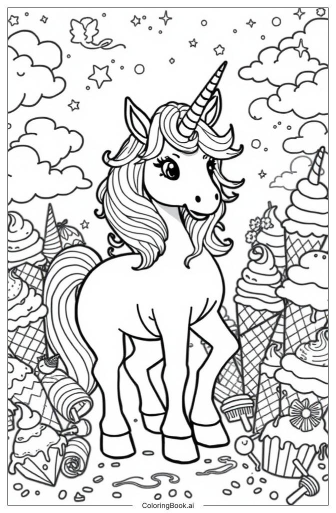  Unicorn's Ice Cream Time Coloring Page 