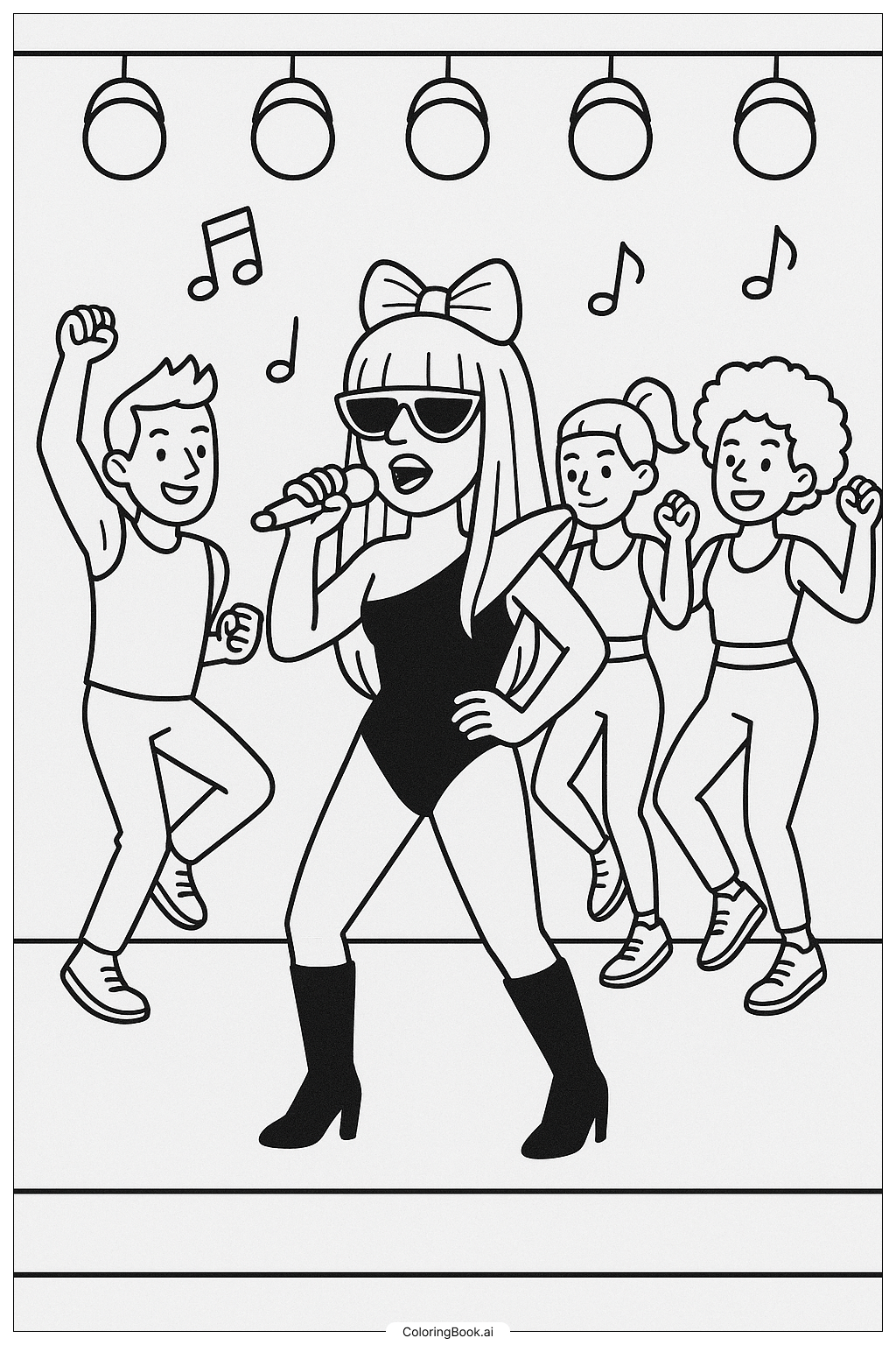 Página para colorear de Lady Gaga con sus bailarines