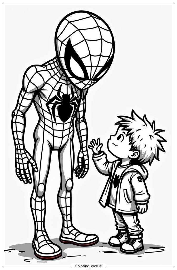  Page de coloriage interaction entre un enfant et un célèbre araignée 