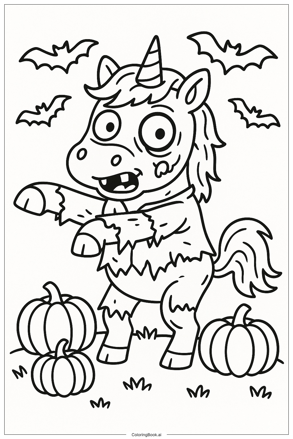  おもしろいユニコーンのハロウィンゾンビの塗り絵ページ 