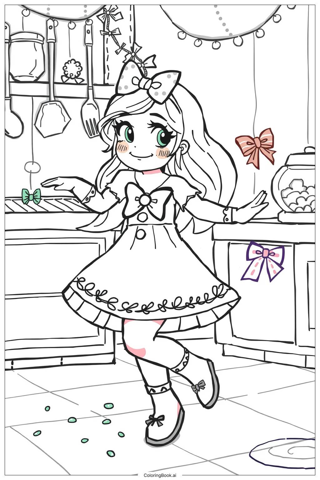  Gingerbread Girl with Bow-2 Coloring Page 