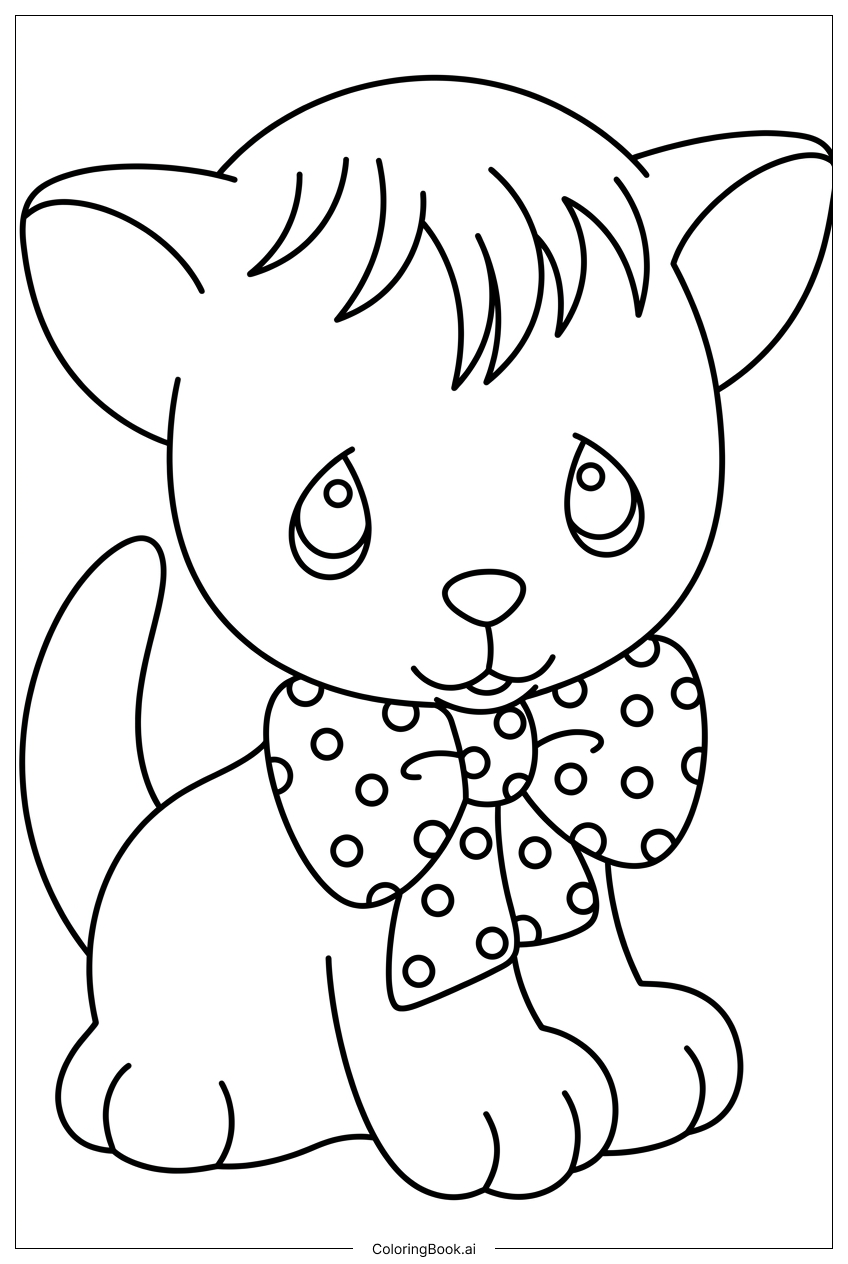  Página para colorear de Gatito Precious Moments con gran lazo de lunares 