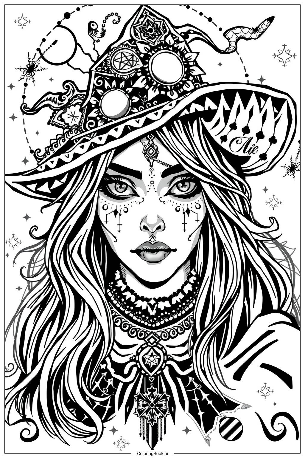  Page de coloriage visage gothique de sorcière-2 