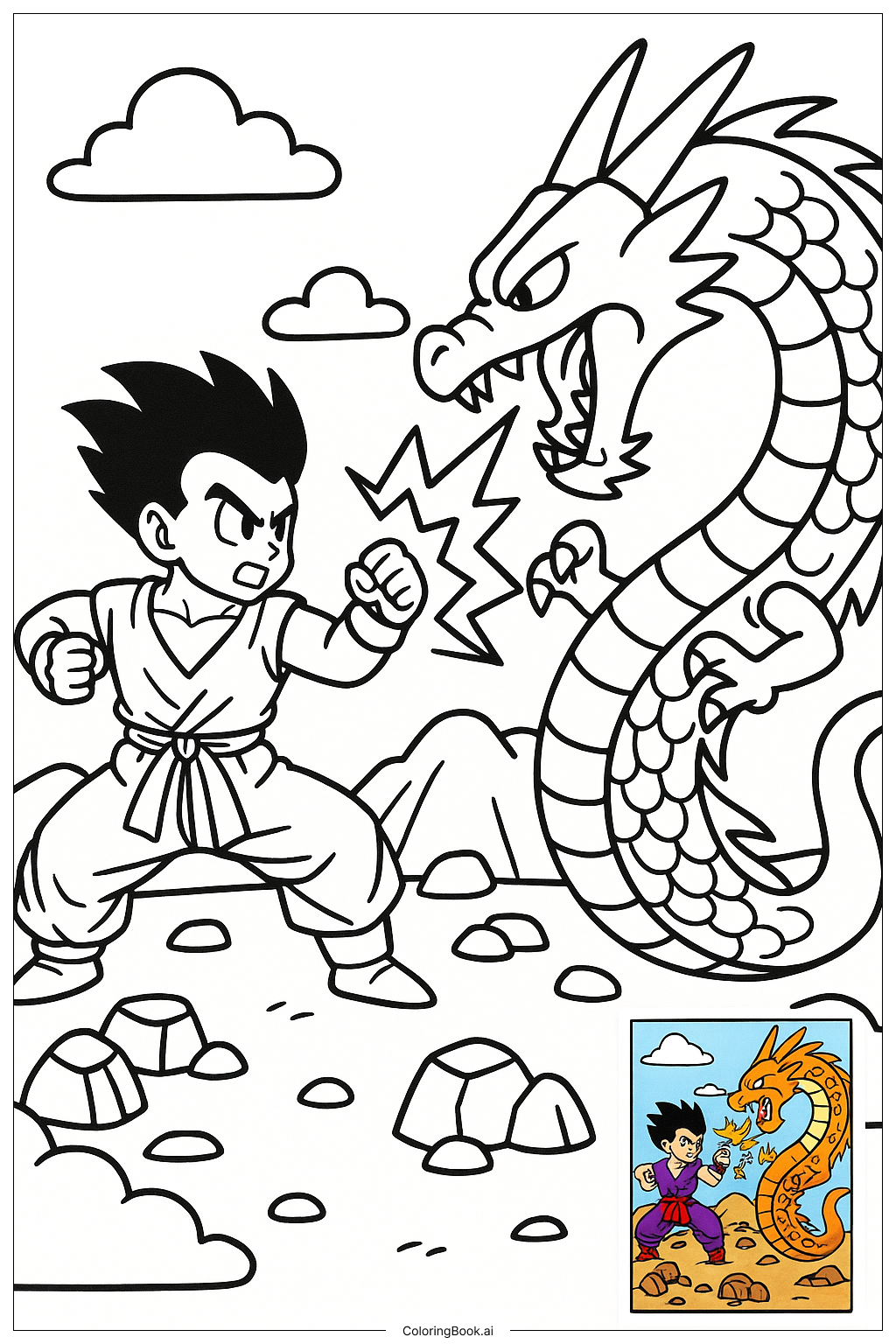  ドラゴンボールZ 悟飯がドラゴンと戦うの塗り絵ページ 