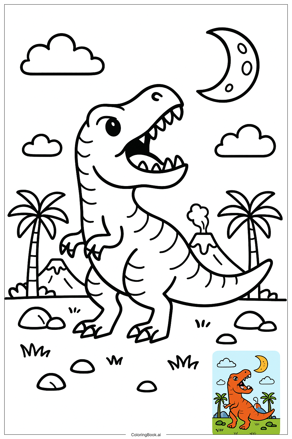  Page de coloriage Dinosaur Rugissant Sous la Lune 