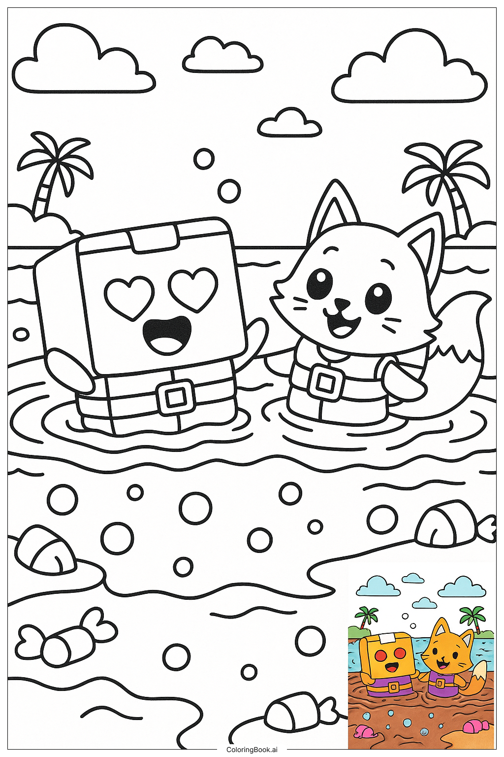 Lankybox角色在苏打湖中漂浮填色页