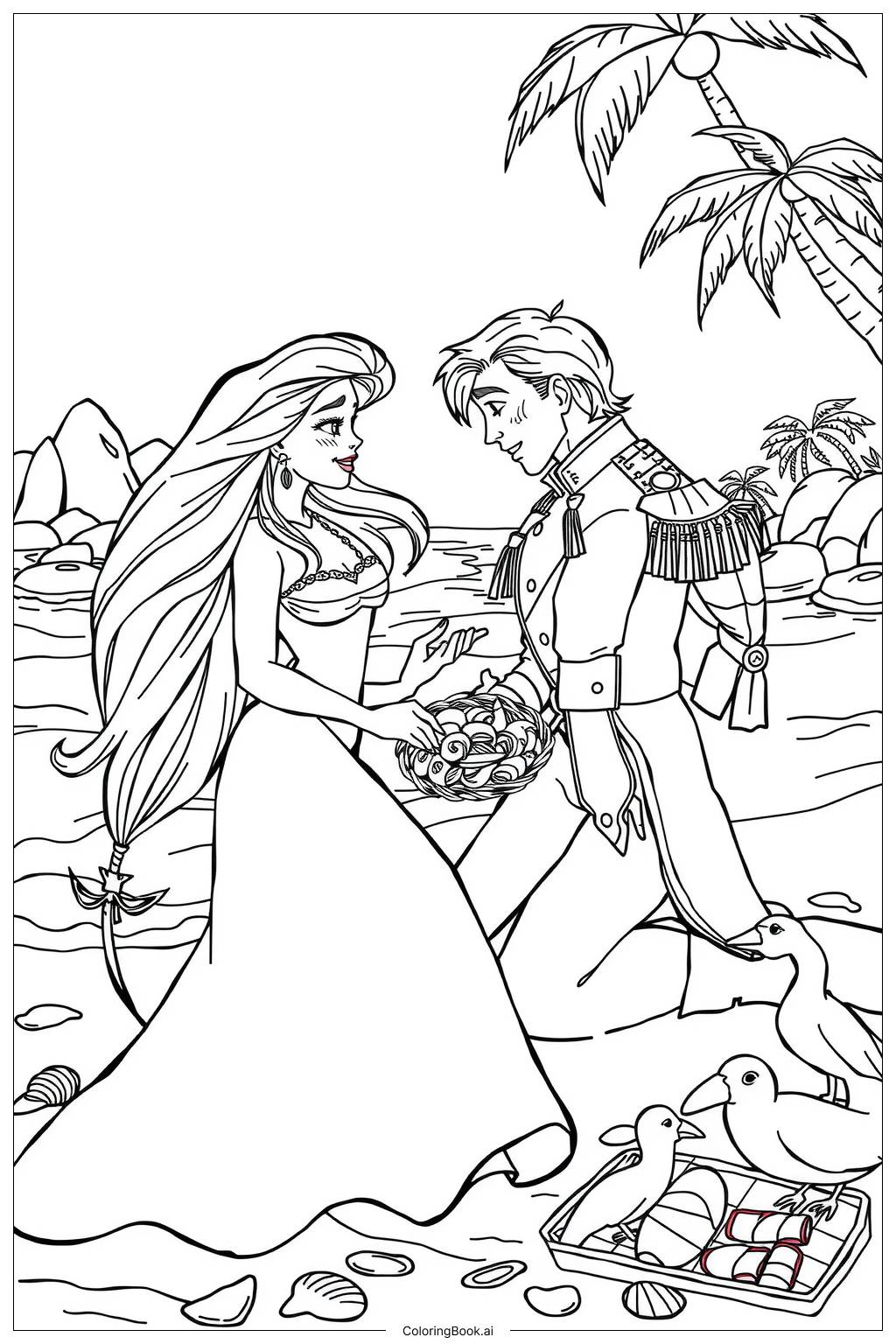  Page de coloriage Ariel et Eric profitant d'un pique-nique au bord de la mer-2 