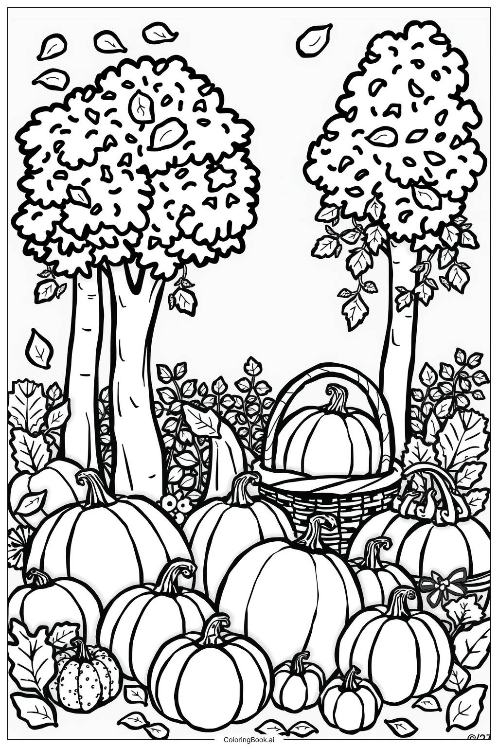  Página para colorear de Escena de cosecha de otoño con calabazas y árboles 